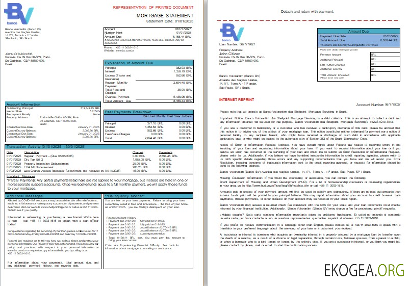 Relevé hypothécaire de la banque Brésil Banco Votorantim, 3 pages, 1, 2 scr